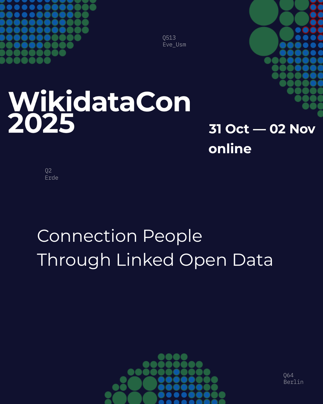 Dunkelblauer Hintergrund, weiße Schrift: WikidataCon 2025, 31. Oct - 02. Nov, online, Connecting People Through Linked Open Data